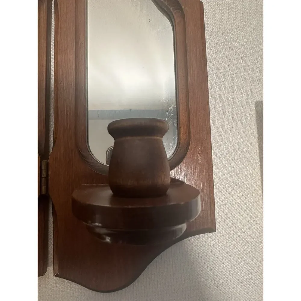 Vintage MCM Tri-fold Handcrafted Wooden Wall Sconce Mirror Candle Holders